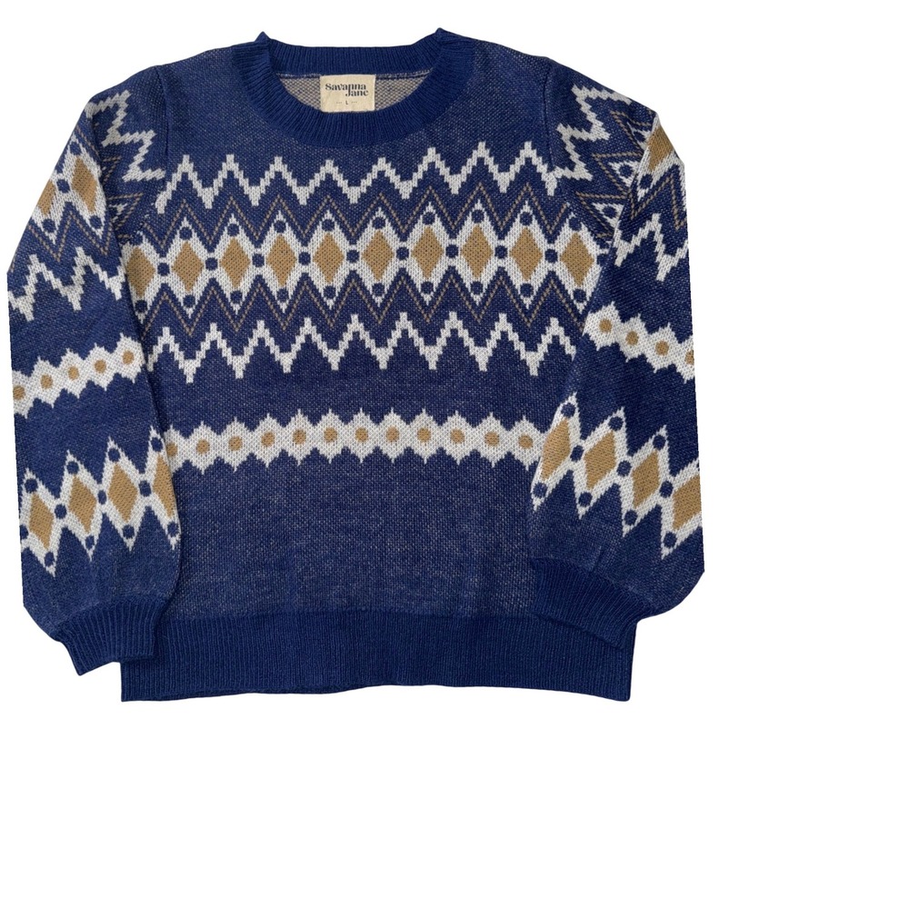 Savanna Jane Navy Blue Geometric Intarsia Knit Sweater Womens Large